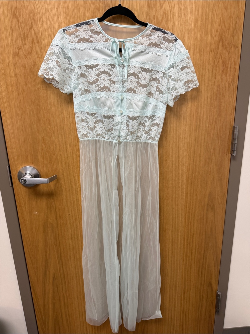 Vintage Sheer Lace Maxi Chemise in Pale Blue with Tie Neck